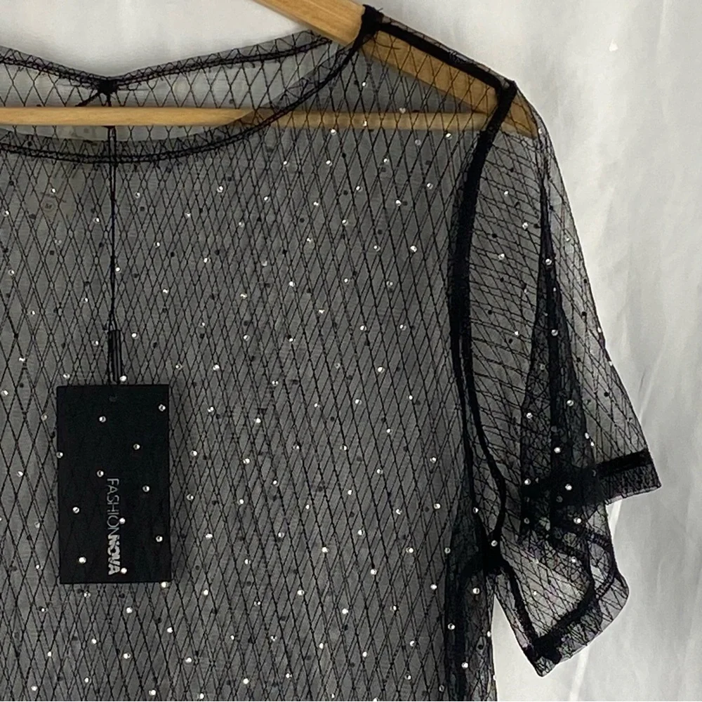 Fashion Nova Black Sheer Short Sleeve Dress with Silver Accents Size Medium - Picture 3 of 16